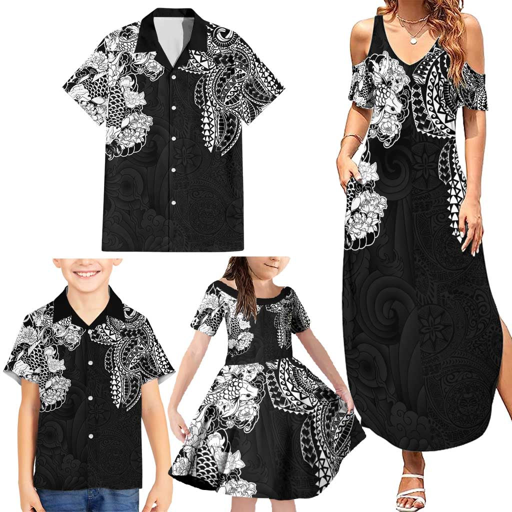 Japanese Irezumi and Hawaiian Polynesian Art Tattoo Family Matching Summer Maxi Dress and Hawaiian Shirt Black Color LT03 - Polynesian Pride