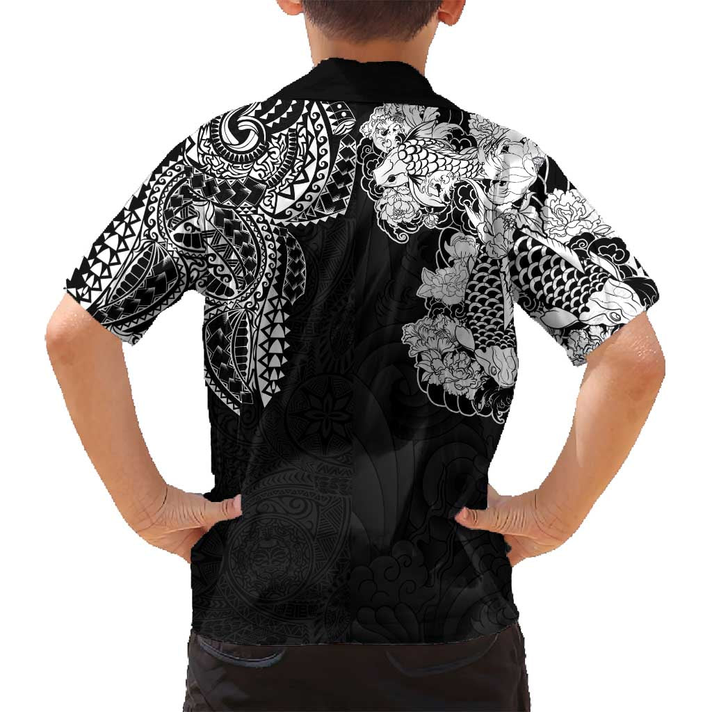 Japanese Irezumi and Hawaiian Polynesian Art Tattoo Family Matching Tank Maxi Dress and Hawaiian Shirt Black Color - Polynesian Pride