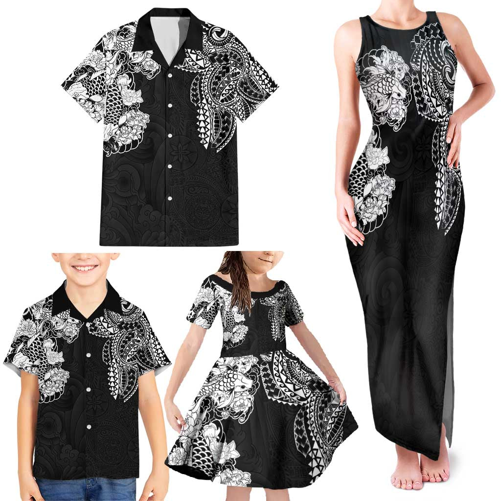 Japanese Irezumi and Hawaiian Polynesian Art Tattoo Family Matching Tank Maxi Dress and Hawaiian Shirt Black Color - Polynesian Pride