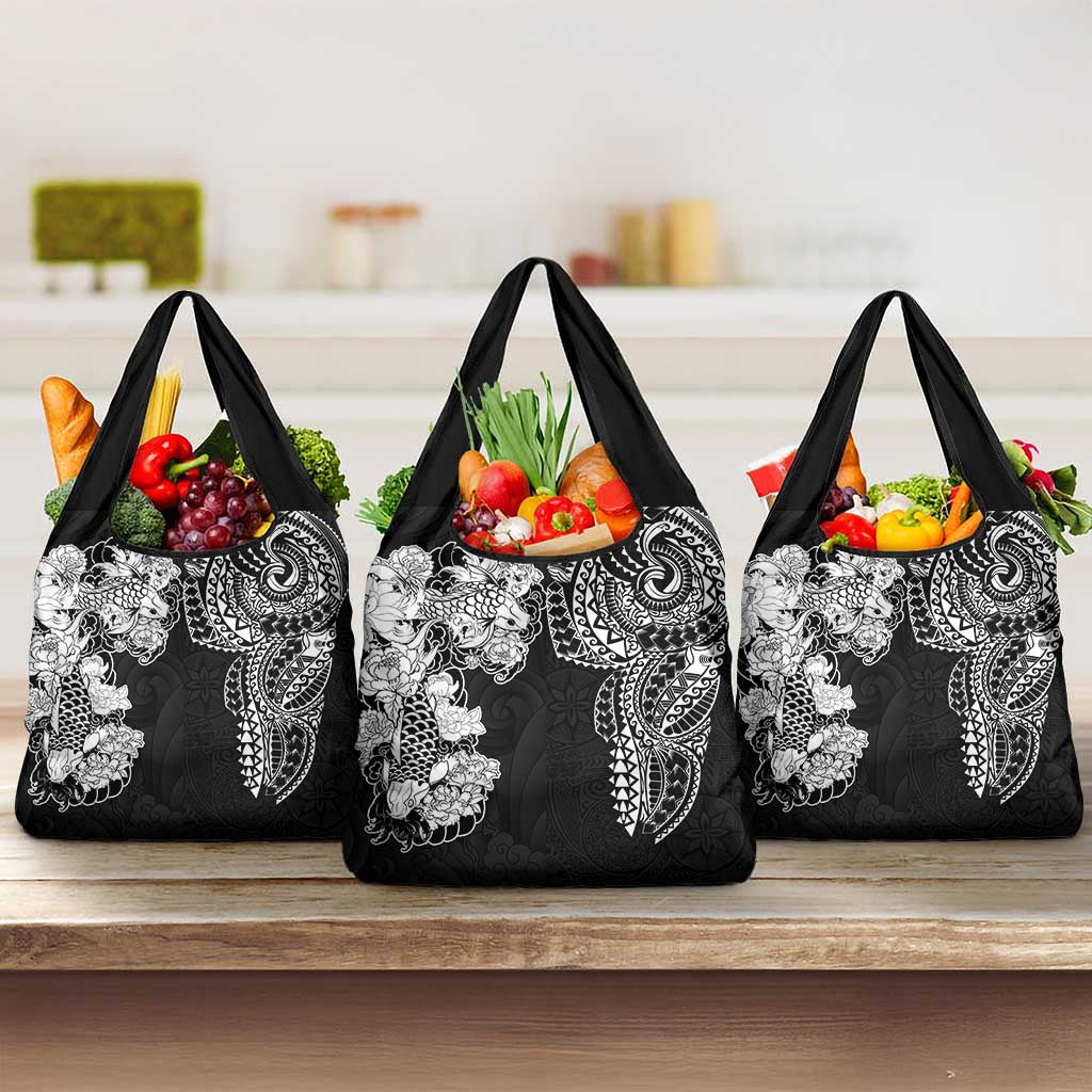 Japanese Irezumi and Hawaiian Polynesian Art Tattoo Grocery Bag Black Color - Polynesian Pride