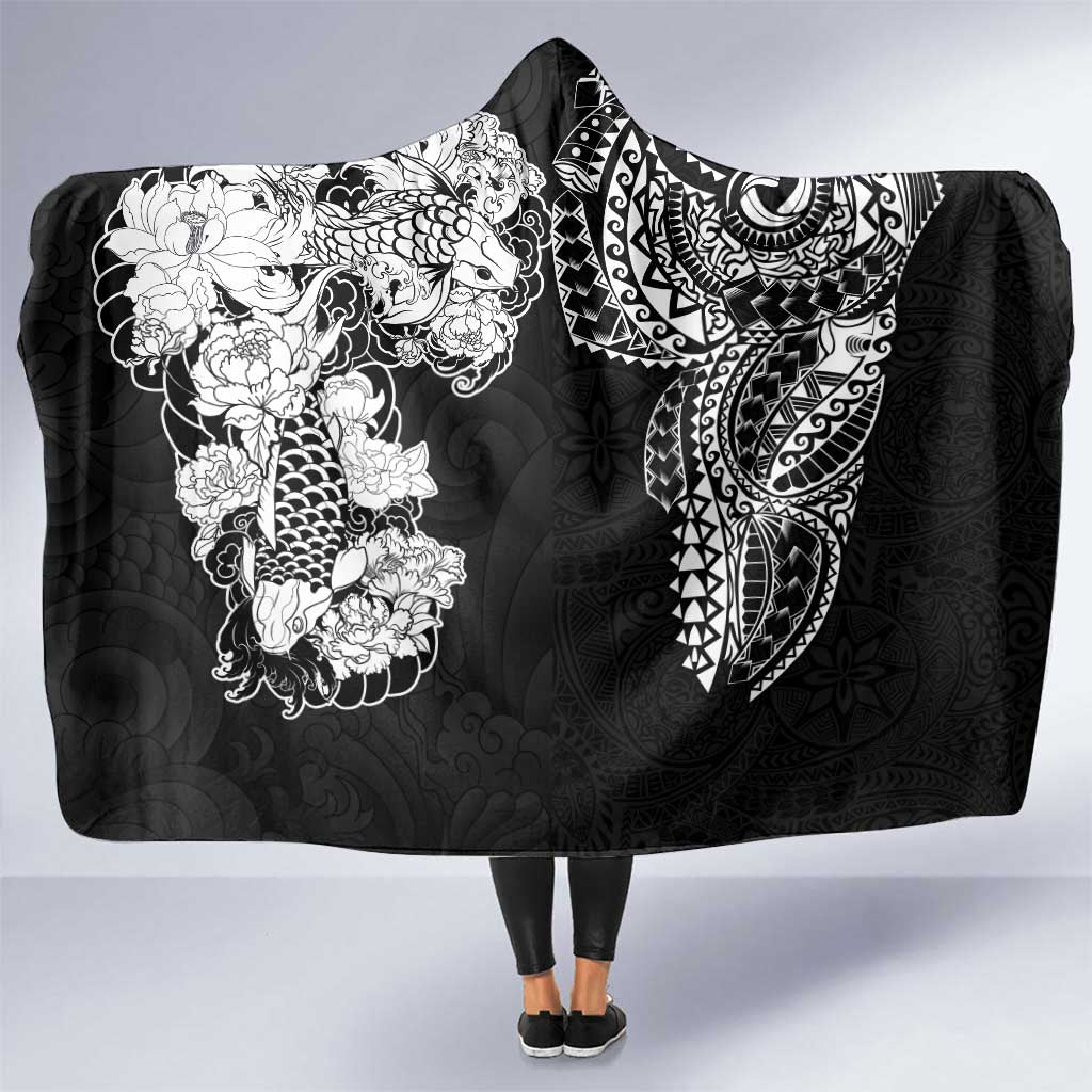 Japanese Irezumi and Hawaiian Polynesian Art Tattoo Hooded Blanket Black Color - Polynesian Pride