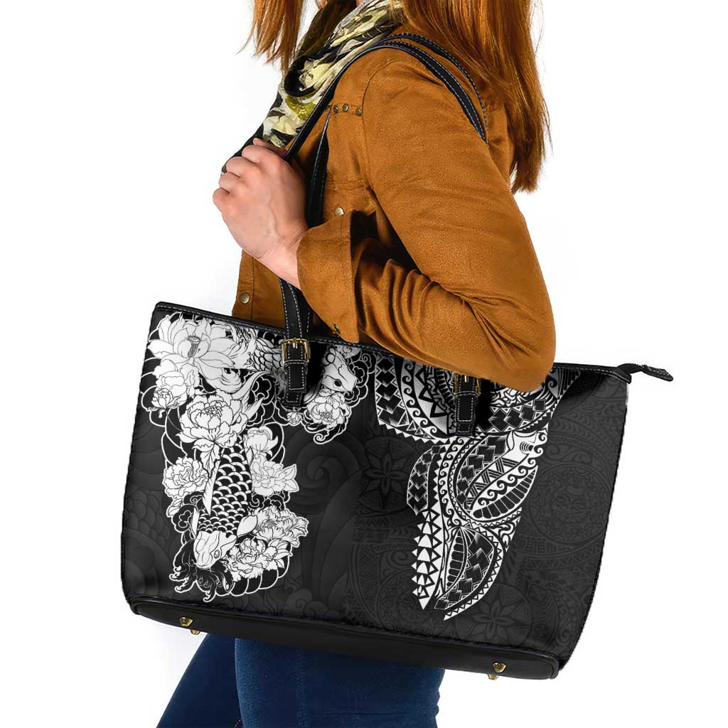 Japanese Irezumi and Hawaiian Polynesian Art Tattoo Leather Tote Bag Black Color - Polynesian Pride