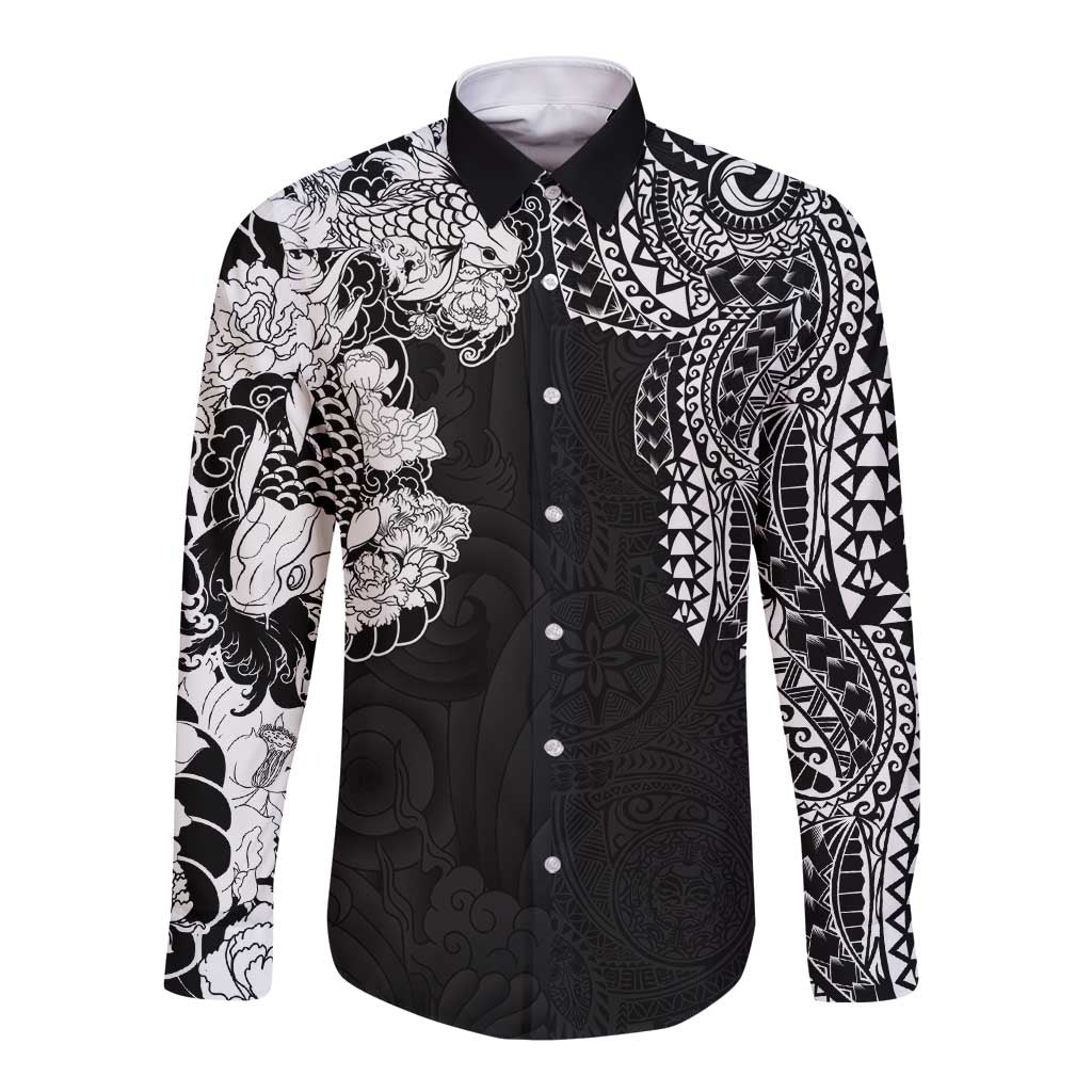 Japanese Irezumi and Hawaiian Polynesian Art Tattoo Long Sleeve Button Shirt Black Color - Polynesian Pride