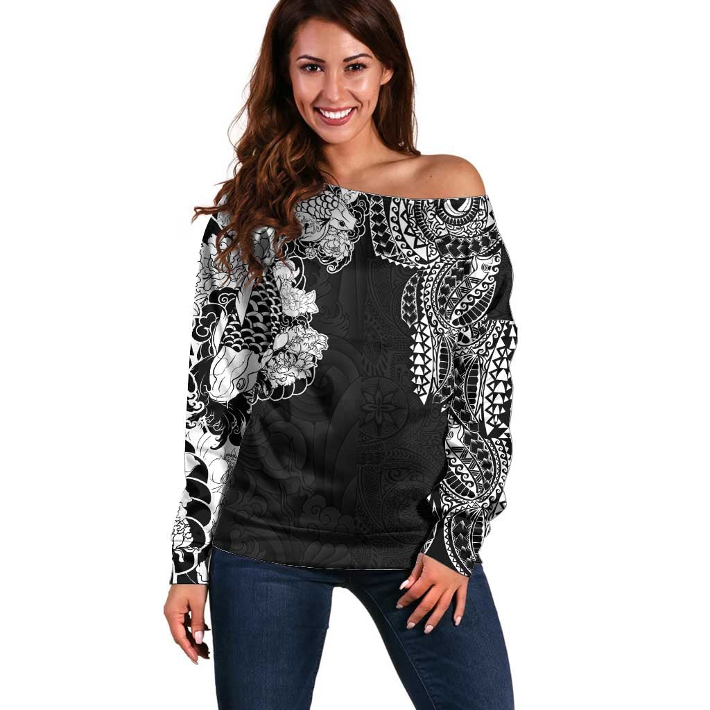 Japanese Irezumi and Hawaiian Polynesian Art Tattoo Off Shoulder Sweater Black Color - Polynesian Pride