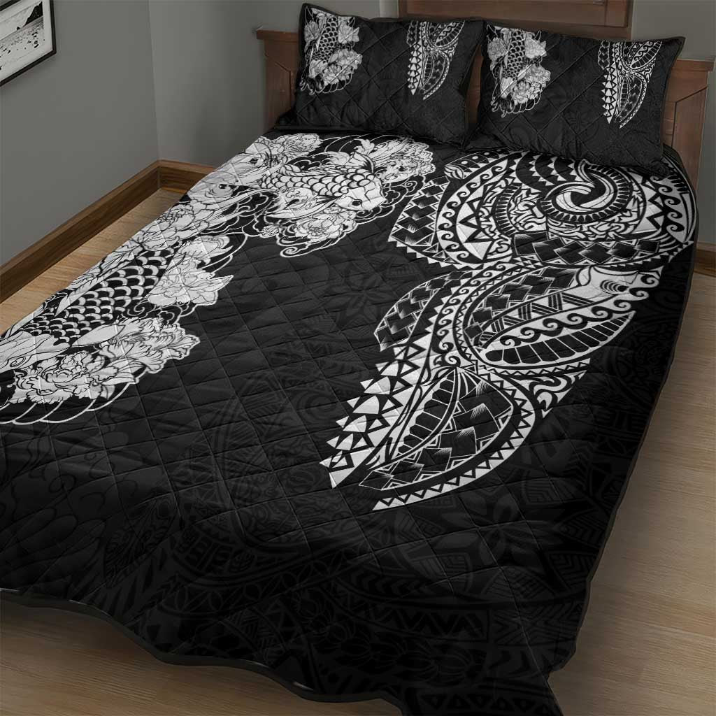 Japanese Irezumi and Hawaiian Polynesian Art Tattoo Quilt Bed Set Black Color - Polynesian Pride