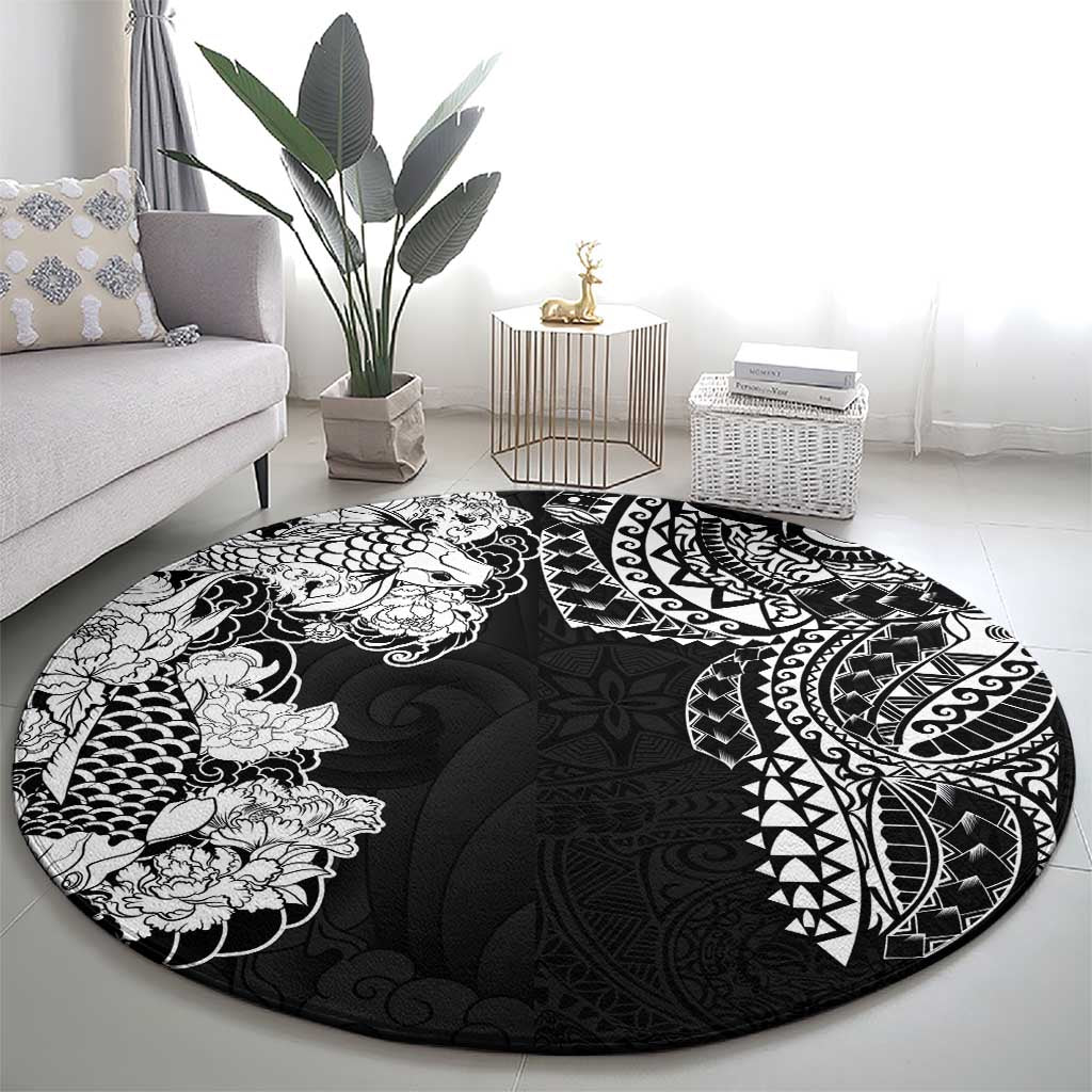 Japanese Irezumi and Hawaiian Polynesian Art Tattoo Round Carpet Black Color - Polynesian Pride