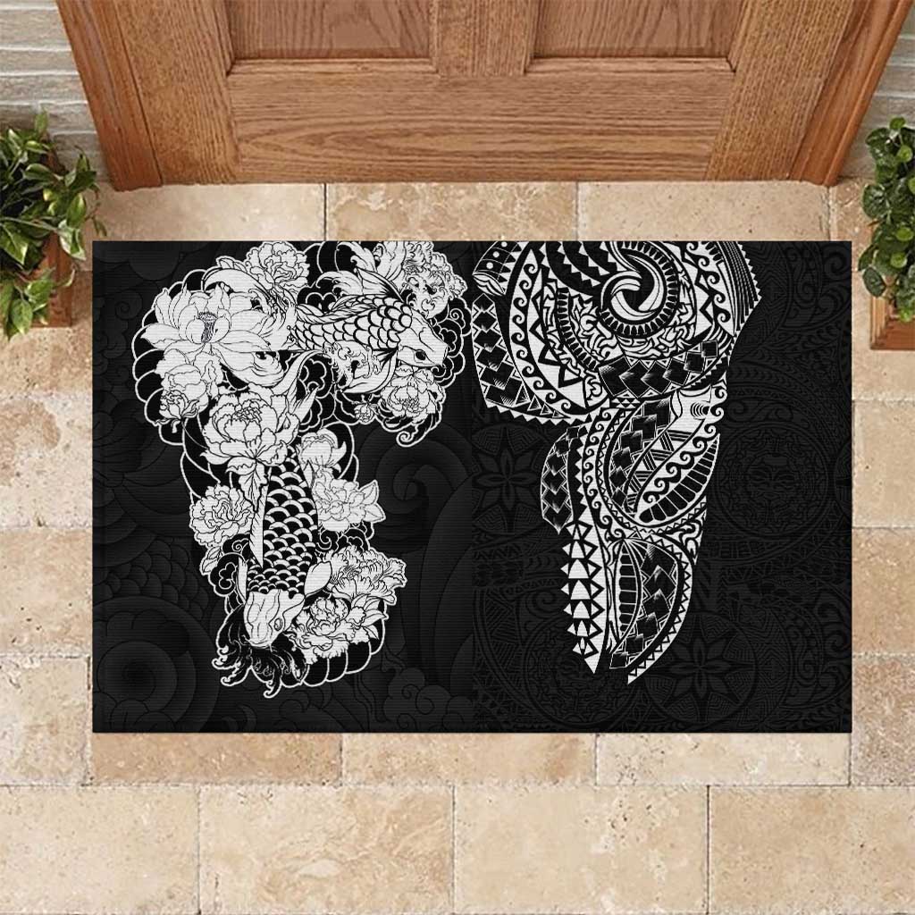 Japanese Irezumi and Hawaiian Polynesian Art Tattoo Rubber Doormat Black Color - Polynesian Pride