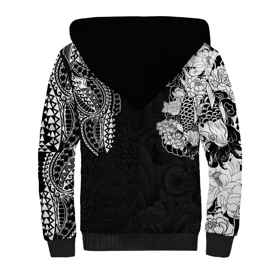 Japanese Irezumi and Hawaiian Polynesian Art Tattoo Sherpa Hoodie Black Color - Polynesian Pride