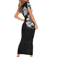 Japanese Irezumi and Hawaiian Polynesian Art Tattoo Short Sleeve Bodycon Dress Black Color - Polynesian Pride