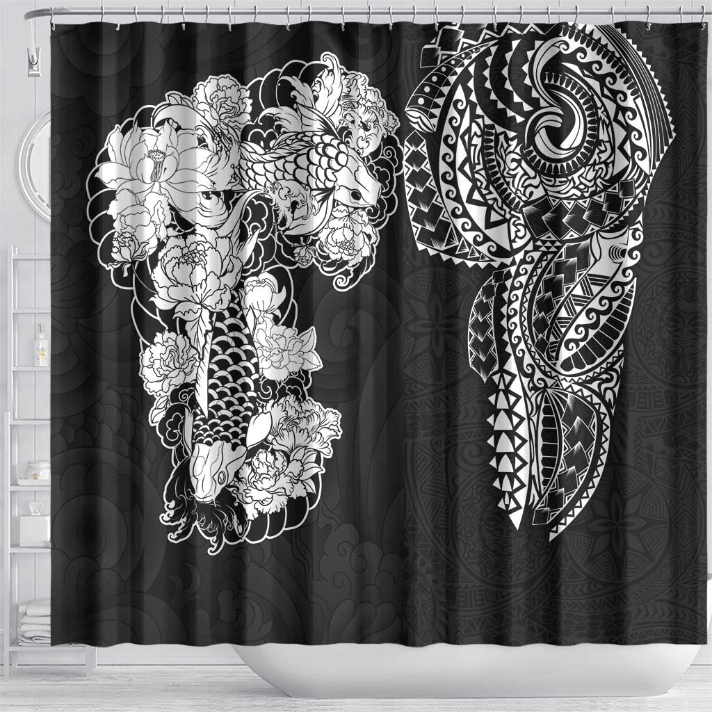 Japanese Irezumi and Hawaiian Polynesian Art Tattoo Shower Curtain Black Color - Polynesian Pride