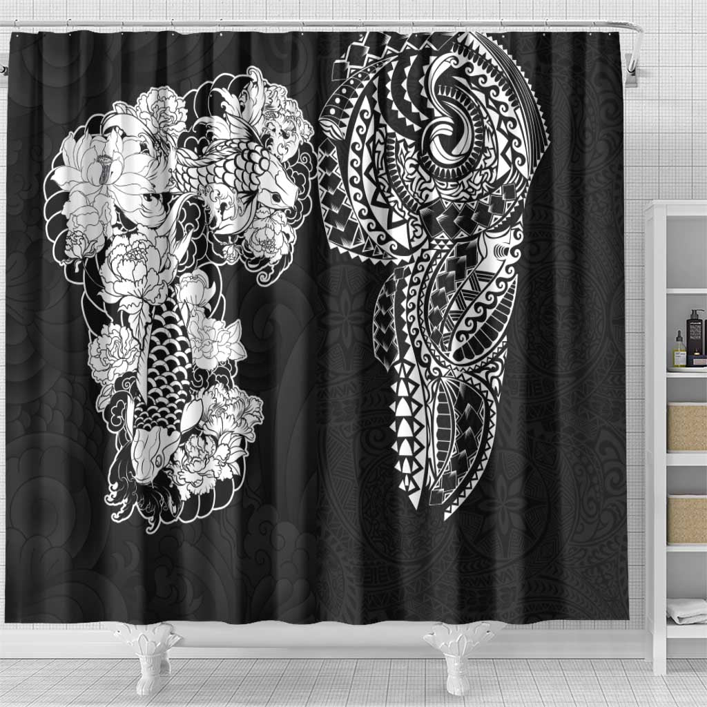 Japanese Irezumi and Hawaiian Polynesian Art Tattoo Shower Curtain Black Color - Polynesian Pride