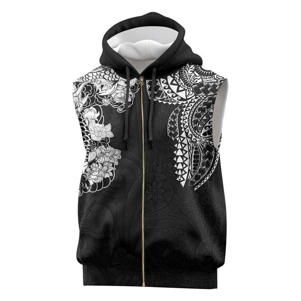 Japanese Irezumi and Hawaiian Polynesian Art Tattoo Sleeveless Zip Hoodie Black Color - Polynesian Pride