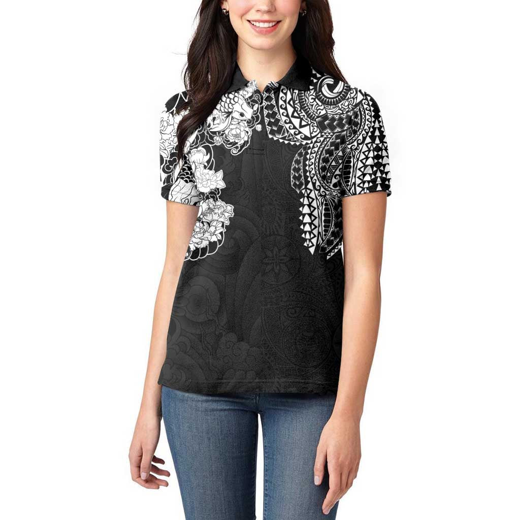 Japanese Irezumi and Hawaiian Polynesian Art Tattoo Women Polo Shirt Black Color - Polynesian Pride