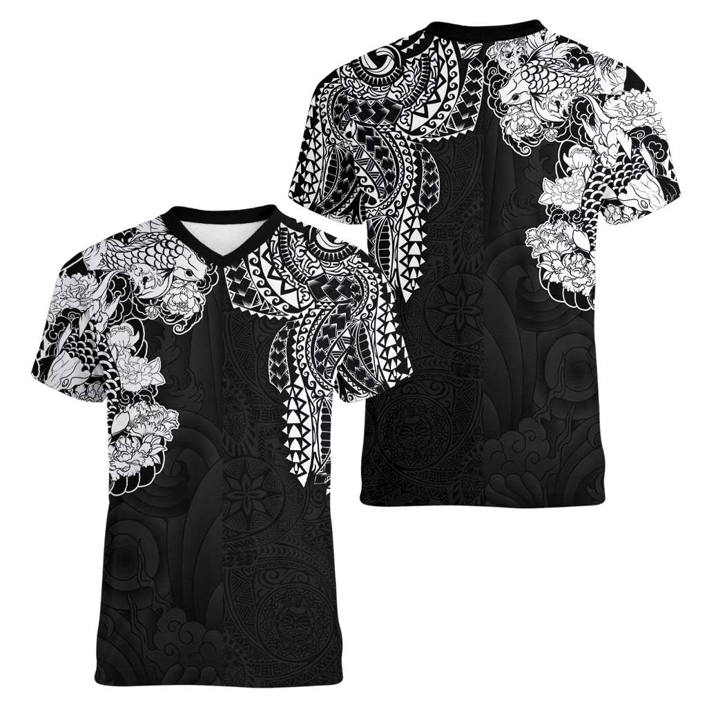 Japanese Irezumi and Hawaiian Polynesian Art Tattoo Women V-Neck T-Shirt Black Color - Polynesian Pride