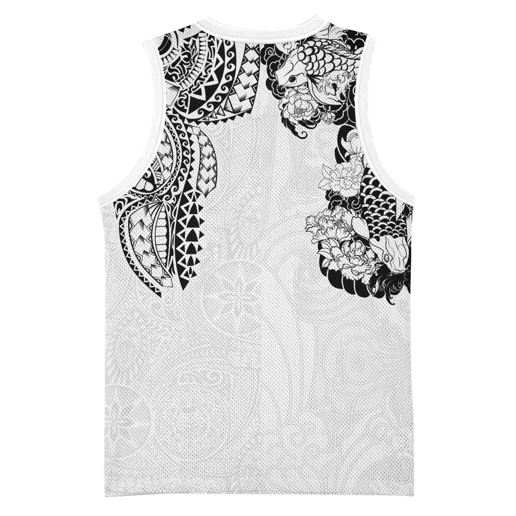 Japanese Irezumi and Hawaiian Polynesian Art Tattoo Basketball Jersey White Color - Polynesian Pride