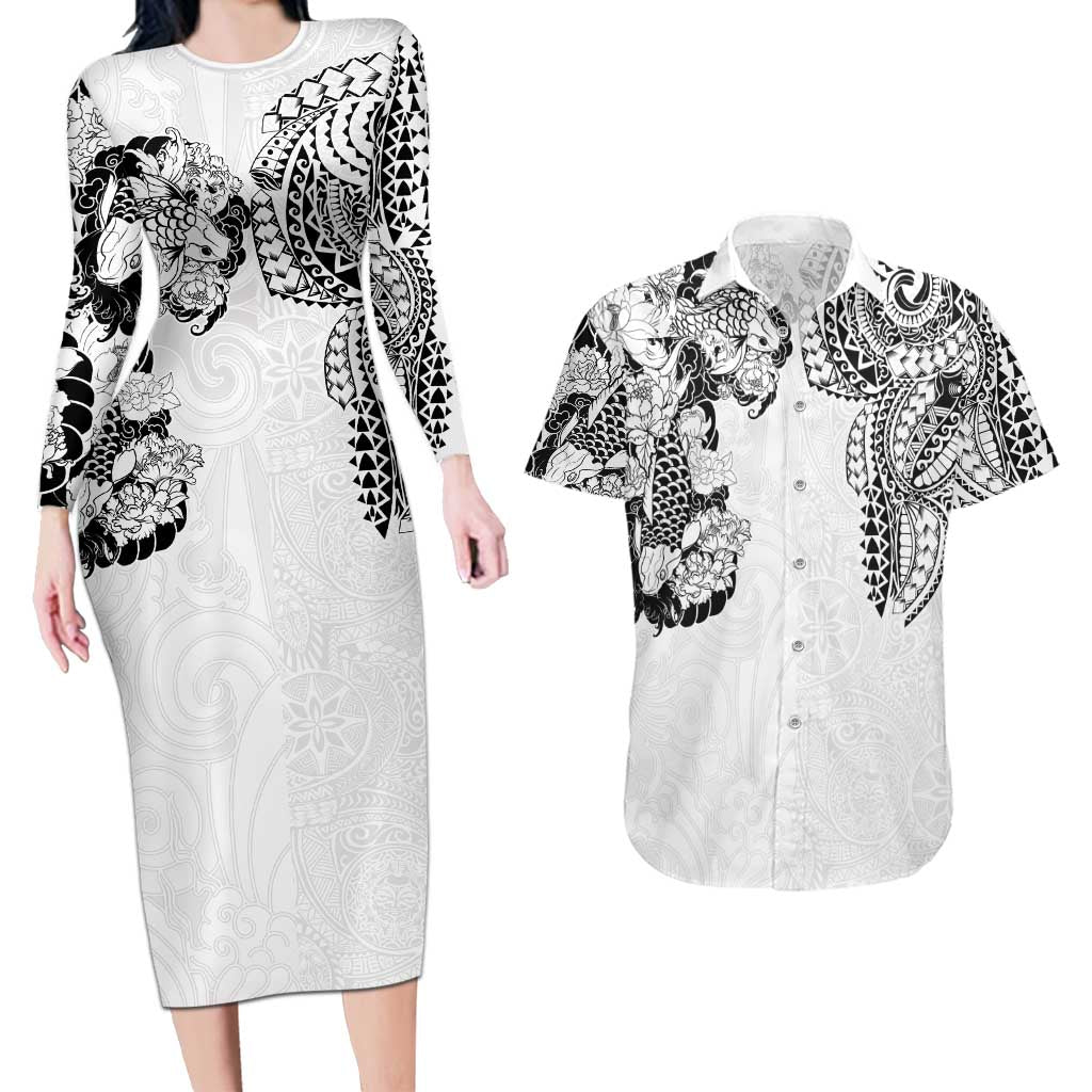 Japanese Irezumi and Hawaiian Polynesian Art Tattoo Couples Matching Long Sleeve Bodycon Dress and Hawaiian Shirt White Color LT03 White - Polynesian Pride
