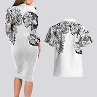 Japanese Irezumi and Hawaiian Polynesian Art Tattoo Couples Matching Long Sleeve Bodycon Dress and Hawaiian Shirt White Color LT03 - Polynesian Pride