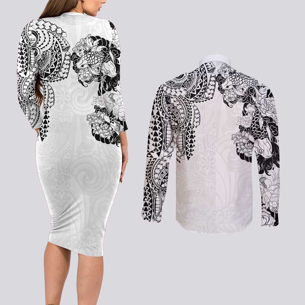 Japanese Irezumi and Hawaiian Polynesian Art Tattoo Couples Matching Long Sleeve Bodycon Dress and Long Sleeve Button Shirt White Color LT03 - Polynesian Pride
