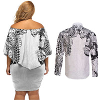 Japanese Irezumi and Hawaiian Polynesian Art Tattoo Couples Matching Off Shoulder Short Dress and Long Sleeve Button Shirt White Color LT03 - Polynesian Pride