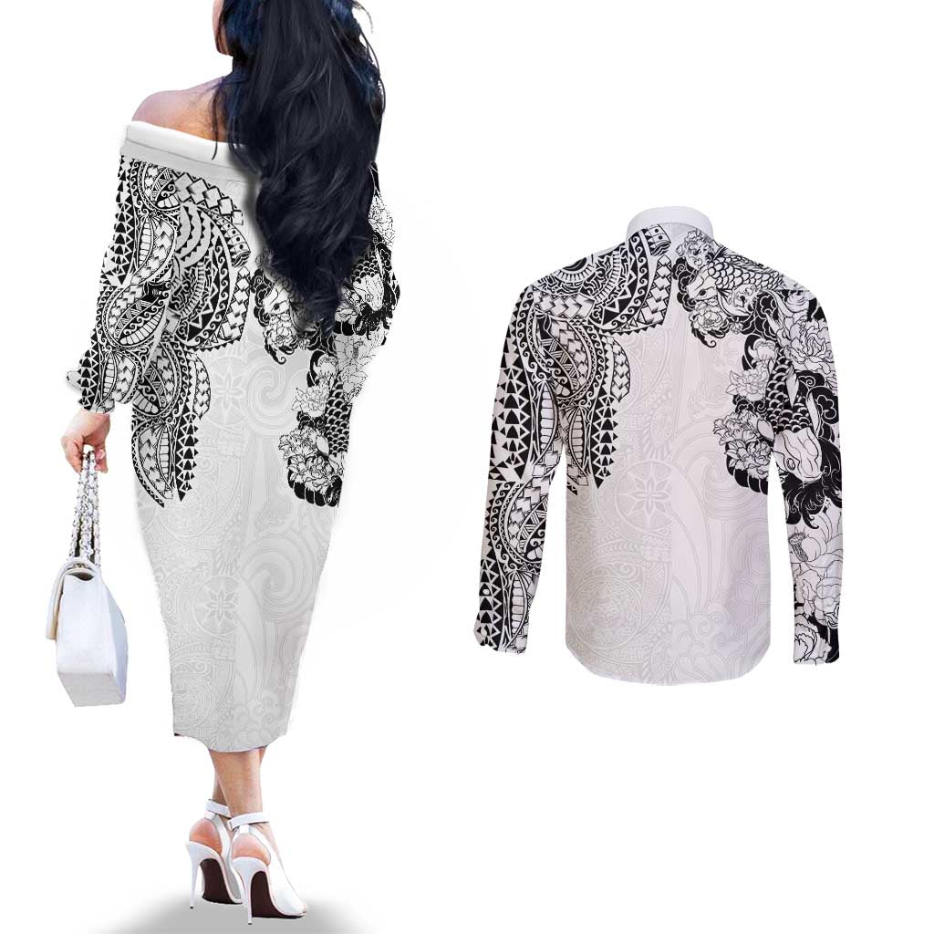 Japanese Irezumi and Hawaiian Polynesian Art Tattoo Couples Matching Off The Shoulder Long Sleeve Dress and Long Sleeve Button Shirt White Color LT03 - Polynesian Pride