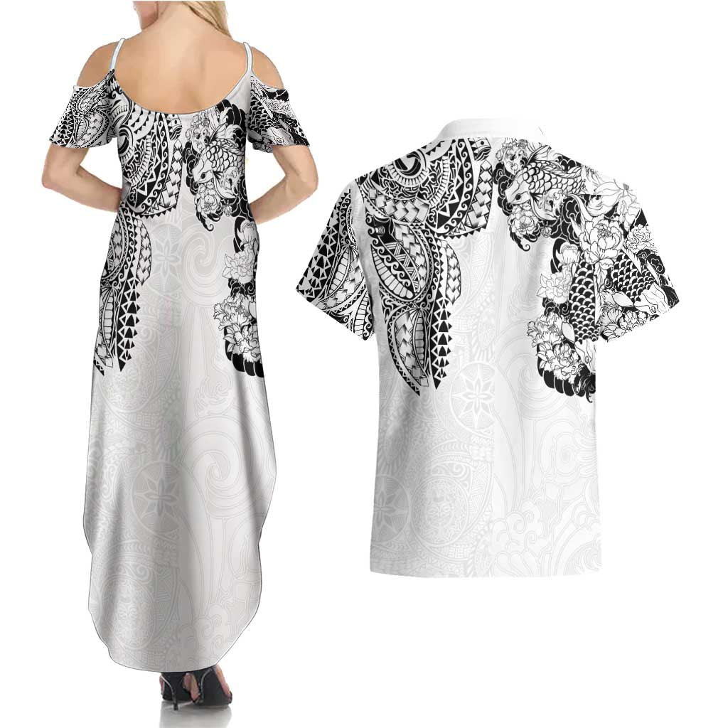 Japanese Irezumi and Hawaiian Polynesian Art Tattoo Couples Matching Summer Maxi Dress and Hawaiian Shirt White Color LT03 - Polynesian Pride