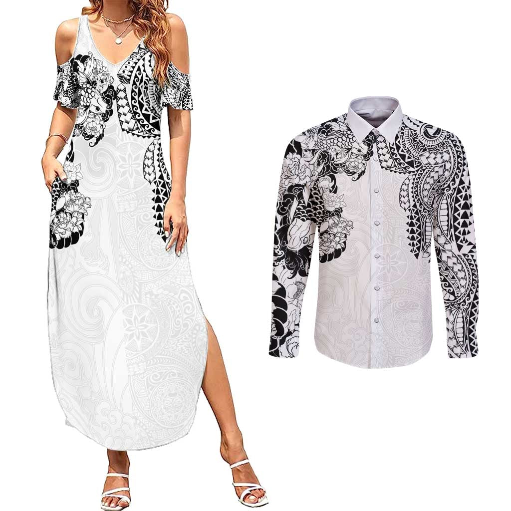 Japanese Irezumi and Hawaiian Polynesian Art Tattoo Couples Matching Summer Maxi Dress and Long Sleeve Button Shirt White Color - Polynesian Pride