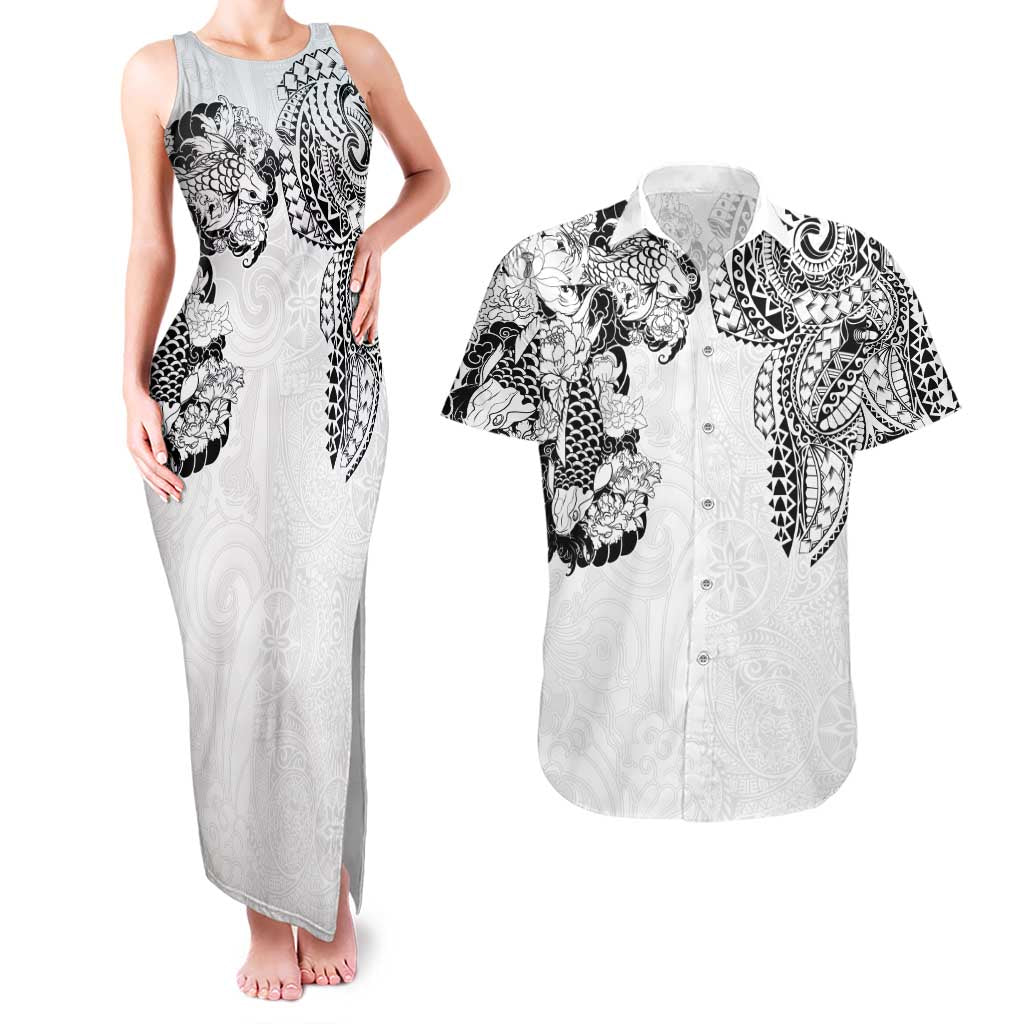 Japanese Irezumi and Hawaiian Polynesian Art Tattoo Couples Matching Tank Maxi Dress and Hawaiian Shirt White Color LT03 White - Polynesian Pride