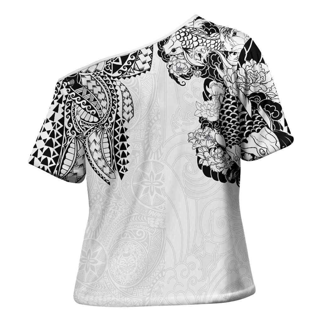 Japanese Irezumi and Hawaiian Polynesian Art Tattoo Cross Shoulder Shirt White Color - Polynesian Pride