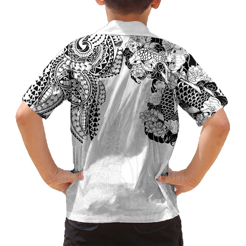 Japanese Irezumi and Hawaiian Polynesian Art Tattoo Family Matching Long Sleeve Bodycon Dress and Hawaiian Shirt White Color LT03 - Polynesian Pride