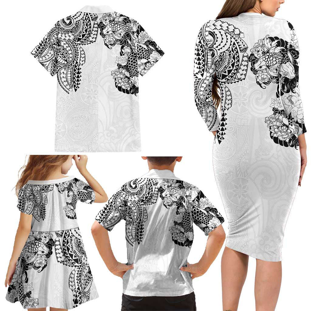 Japanese Irezumi and Hawaiian Polynesian Art Tattoo Family Matching Long Sleeve Bodycon Dress and Hawaiian Shirt White Color LT03 - Polynesian Pride