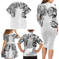 Japanese Irezumi and Hawaiian Polynesian Art Tattoo Family Matching Long Sleeve Bodycon Dress and Hawaiian Shirt White Color LT03 - Polynesian Pride