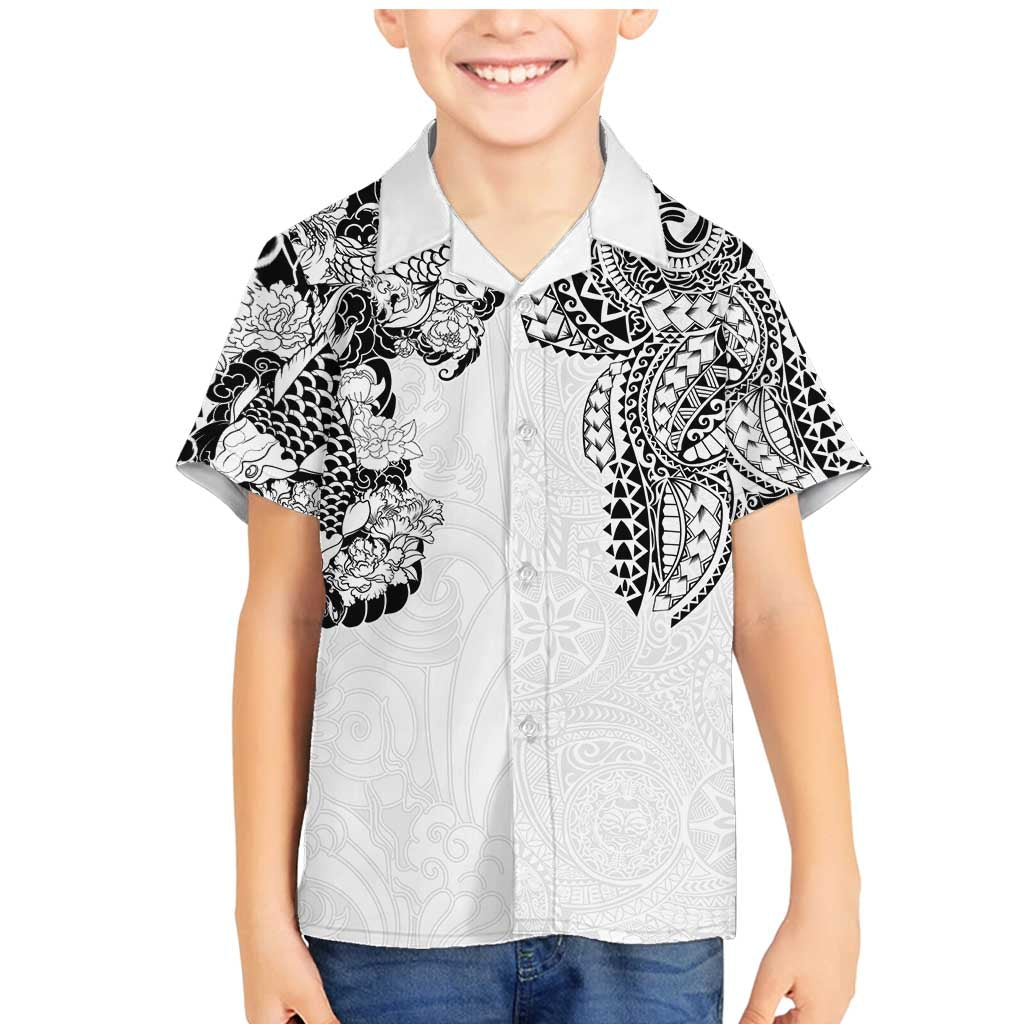Japanese Irezumi and Hawaiian Polynesian Art Tattoo Family Matching Mermaid Dress and Hawaiian Shirt White Color LT03 Son's Shirt White - Polynesian Pride