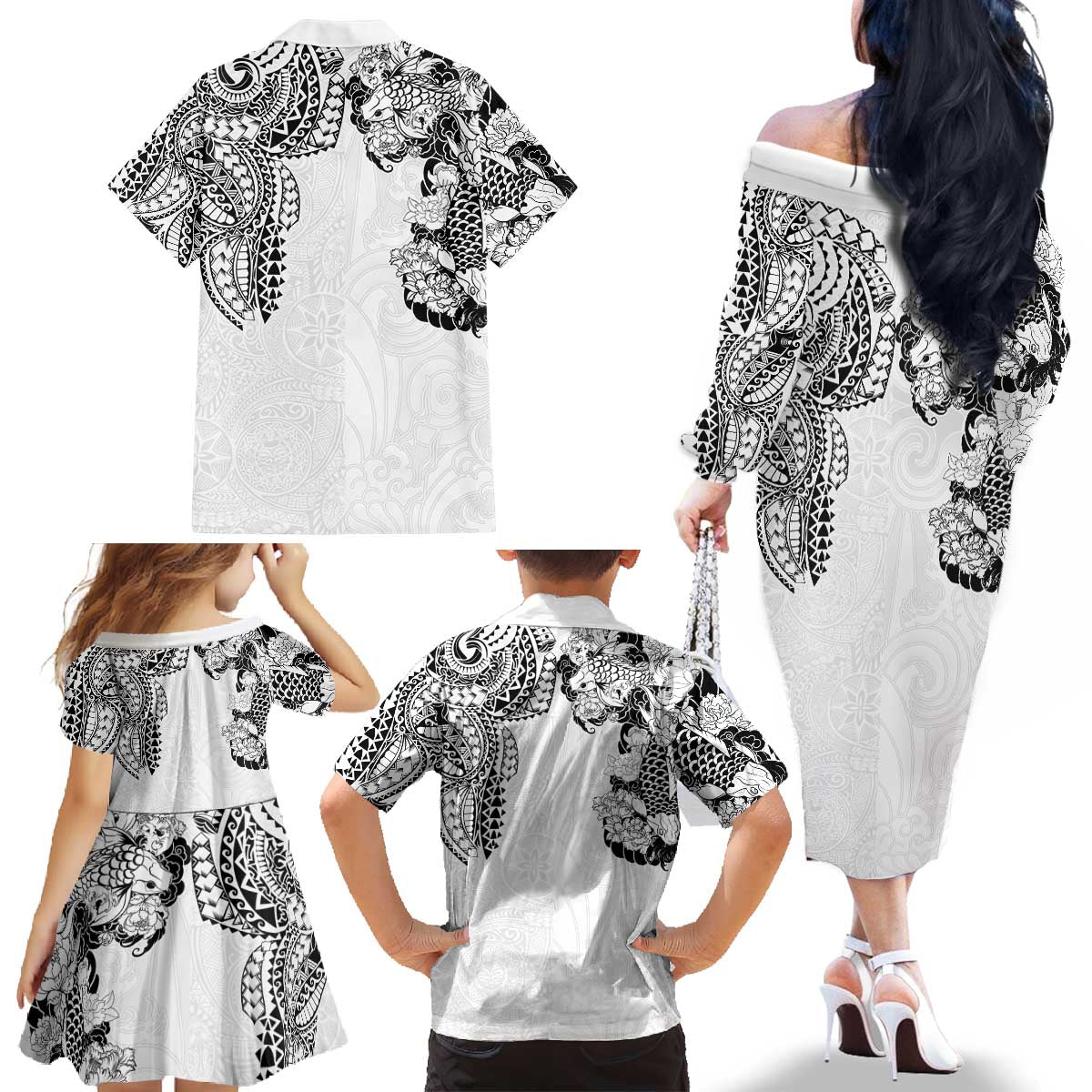 Japanese Irezumi and Hawaiian Polynesian Art Tattoo Family Matching Off The Shoulder Long Sleeve Dress and Hawaiian Shirt White Color - Polynesian Pride