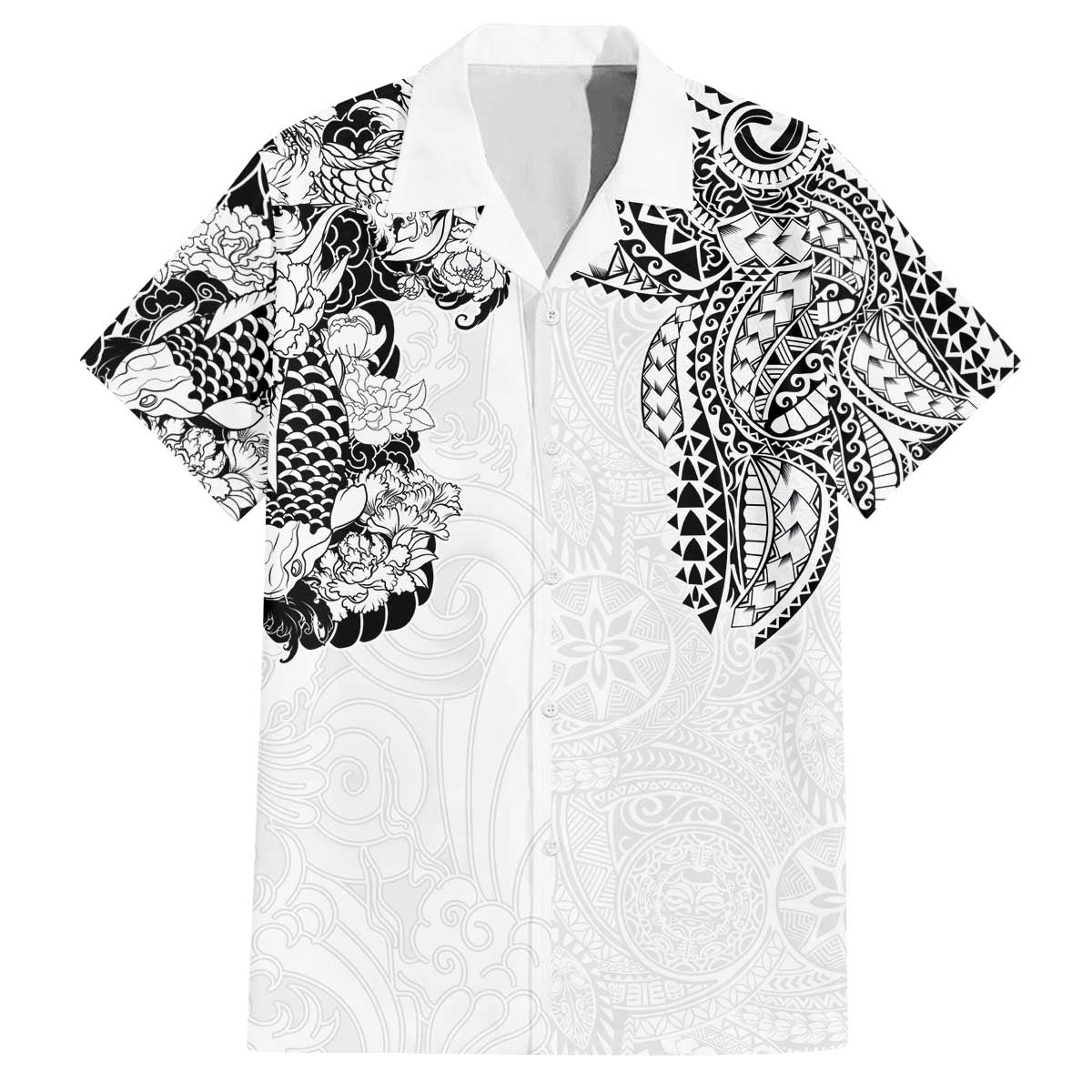 Japanese Irezumi and Hawaiian Polynesian Art Tattoo Family Matching Off The Shoulder Long Sleeve Dress and Hawaiian Shirt White Color - Polynesian Pride