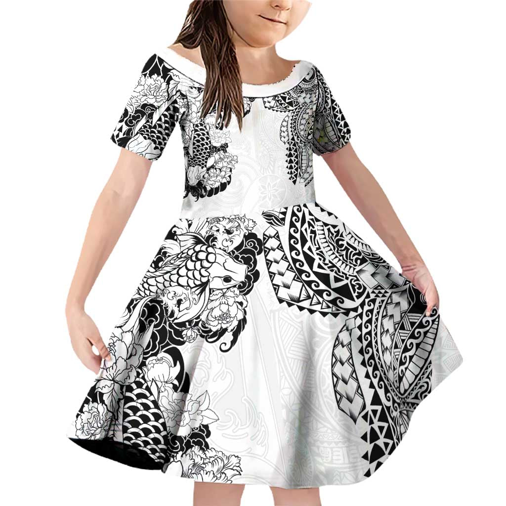 Japanese Irezumi and Hawaiian Polynesian Art Tattoo Family Matching Off Shoulder Short Dress and Hawaiian Shirt White Color LT03 Daughter's Dress White - Polynesian Pride