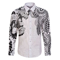 Japanese Irezumi and Hawaiian Polynesian Art Tattoo Family Matching Off Shoulder Short Dress and Hawaiian Shirt White Color LT03 Dad's Shirt - Long Sleeve White - Polynesian Pride