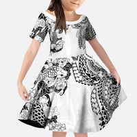 Japanese Irezumi and Hawaiian Polynesian Art Tattoo Family Matching Puletasi and Hawaiian Shirt White Color LT03 Daughter's Dress White - Polynesian Pride