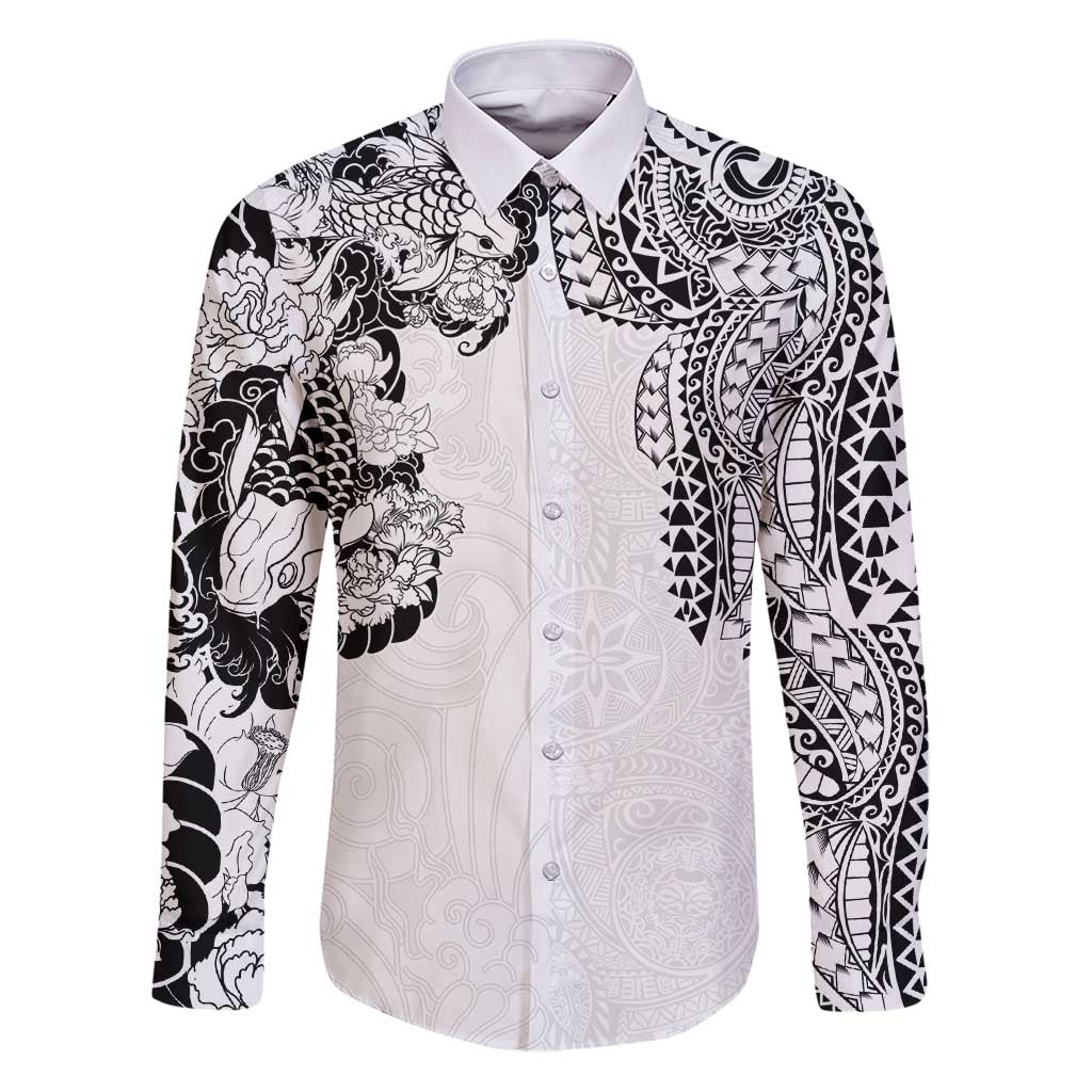 Japanese Irezumi and Hawaiian Polynesian Art Tattoo Family Matching Puletasi and Hawaiian Shirt White Color LT03 Dad's Shirt - Long Sleeve White - Polynesian Pride