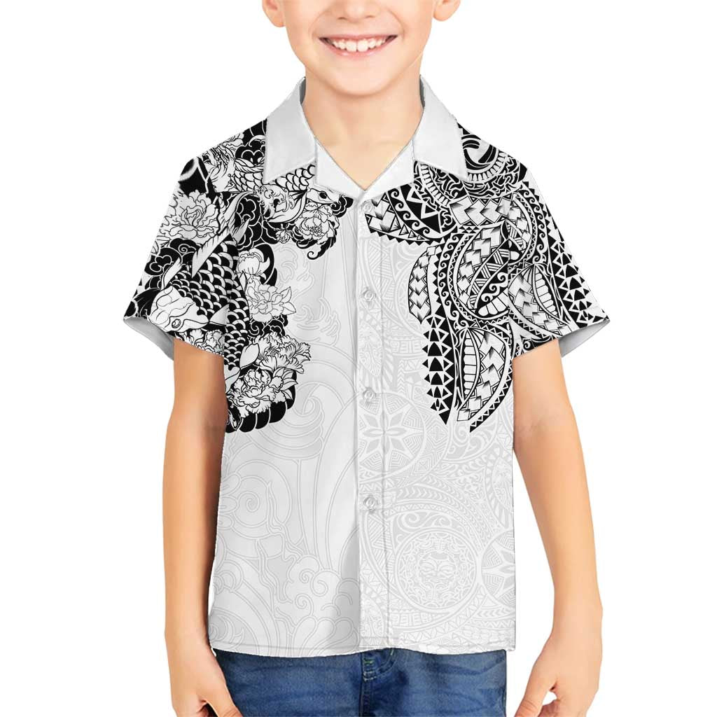 Japanese Irezumi and Hawaiian Polynesian Art Tattoo Family Matching Puletasi and Hawaiian Shirt White Color LT03 Son's Shirt White - Polynesian Pride