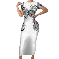 Japanese Irezumi and Hawaiian Polynesian Art Tattoo Family Matching Short Sleeve Bodycon Dress and Hawaiian Shirt White Color LT03 Mom's Dress White - Polynesian Pride