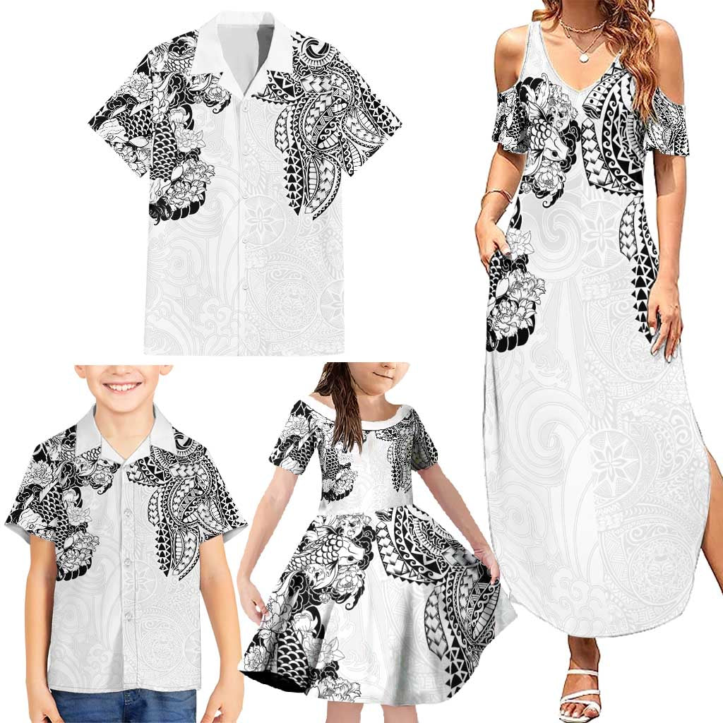 Japanese Irezumi and Hawaiian Polynesian Art Tattoo Family Matching Summer Maxi Dress and Hawaiian Shirt White Color LT03 - Polynesian Pride