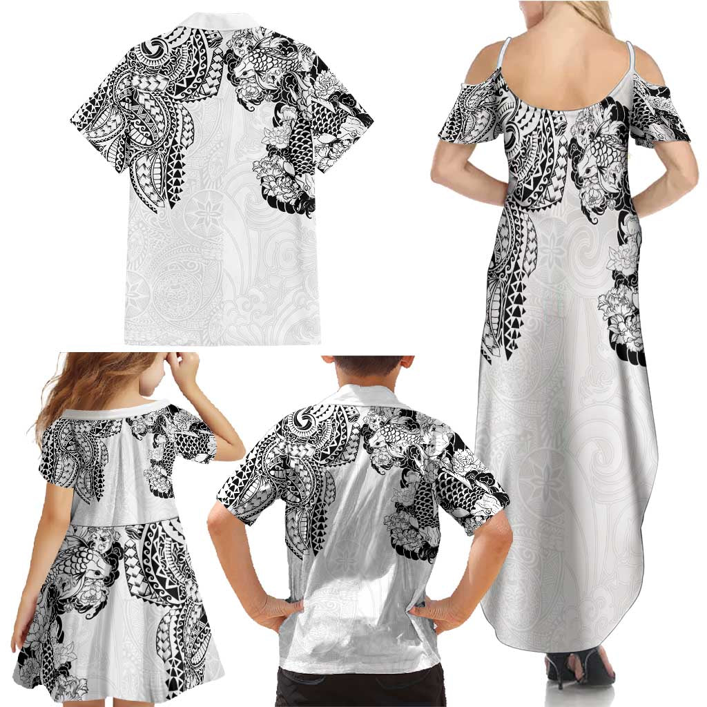 Japanese Irezumi and Hawaiian Polynesian Art Tattoo Family Matching Summer Maxi Dress and Hawaiian Shirt White Color LT03 - Polynesian Pride