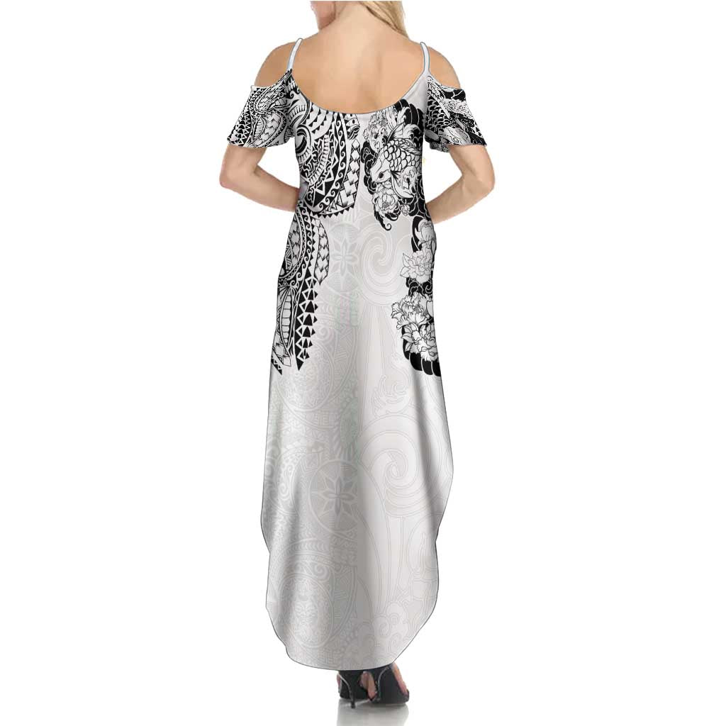 Japanese Irezumi and Hawaiian Polynesian Art Tattoo Family Matching Summer Maxi Dress and Hawaiian Shirt White Color LT03 - Polynesian Pride