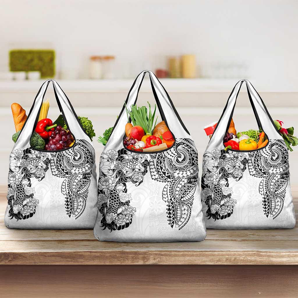 Japanese Irezumi and Hawaiian Polynesian Art Tattoo Grocery Bag White Color - Polynesian Pride