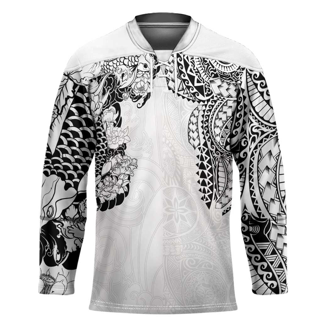 Japanese Irezumi and Hawaiian Polynesian Art Tattoo Hockey Jersey White Color - Polynesian Pride