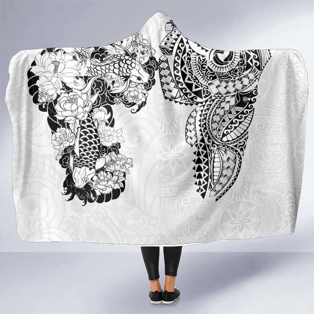 Japanese Irezumi and Hawaiian Polynesian Art Tattoo Hooded Blanket White Color - Polynesian Pride