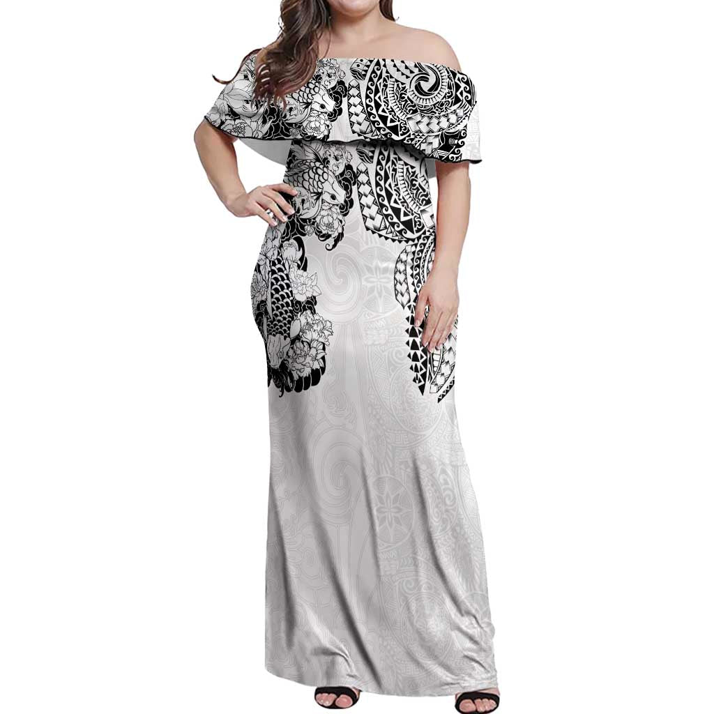 Japanese Irezumi and Hawaiian Polynesian Art Tattoo Off Shoulder Maxi Dress White Color - Polynesian Pride