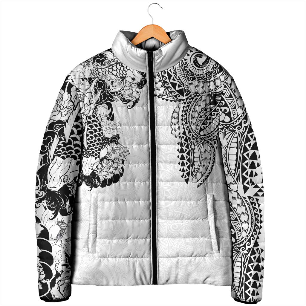 Japanese Irezumi and Hawaiian Polynesian Art Tattoo Padded Jacket White Color - Polynesian Pride