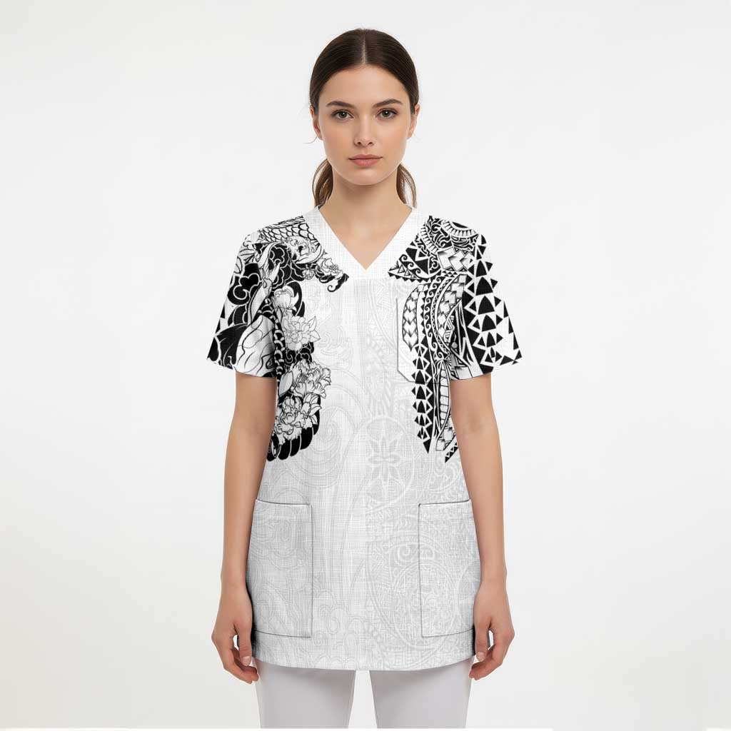 Japanese Irezumi and Hawaiian Polynesian Art Tattoo Scrub Top White Color LT03 - Polynesian Pride