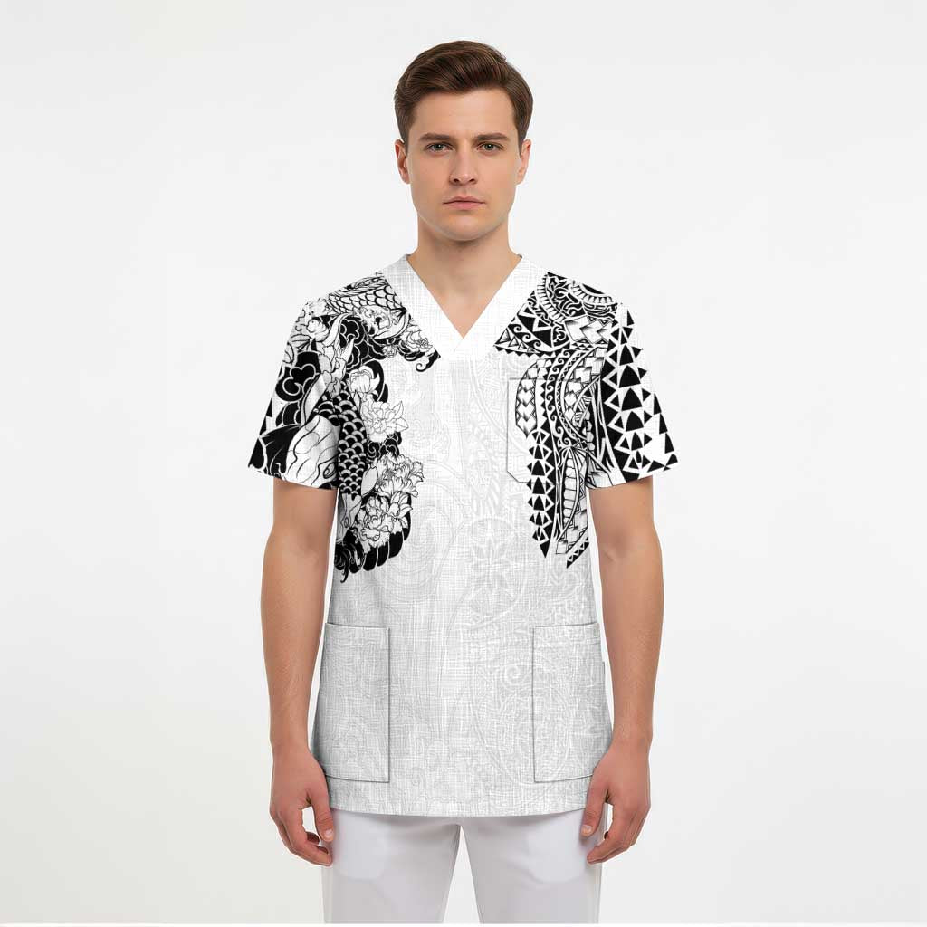 Japanese Irezumi and Hawaiian Polynesian Art Tattoo Scrub Top White Color LT03 - Polynesian Pride